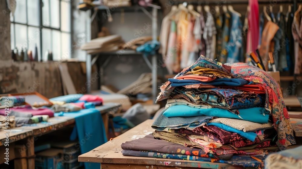 A stack of colorful fabrics sits on a wooden table in a cluttered studio. A stack of colorful fabrics sits on a wooden table in a cluttered studio.