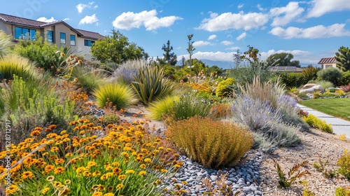 A vibrant, sunny landscape with a variety of drought-tolerant plants and flowers in a hillside garden. photo