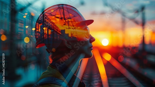 Transportation engineer at sunset, close up, focus on, colorful tones, double exposure silhouette with transit systems photo