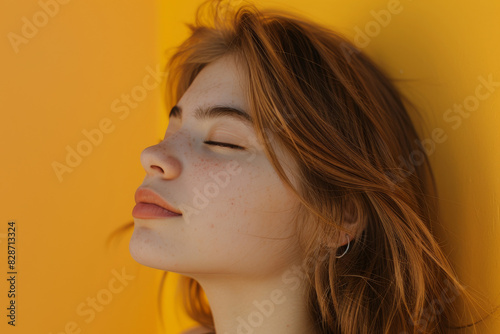 A close up of a woman's face with her eyes closed looking to a side