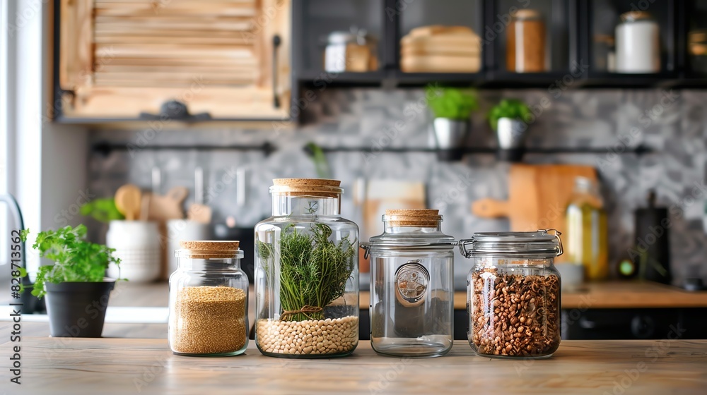 Fototapeta premium Glass jars filled with various ingredients on a wooden counter in a modern kitchen.