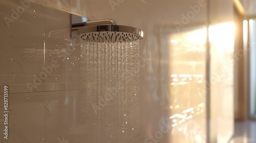 Modern shower head with water streaming down in a bathroom.