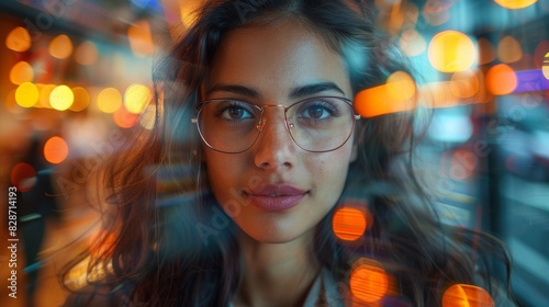 Close-up portrait of a woman overlaid with bokeh city lights effect