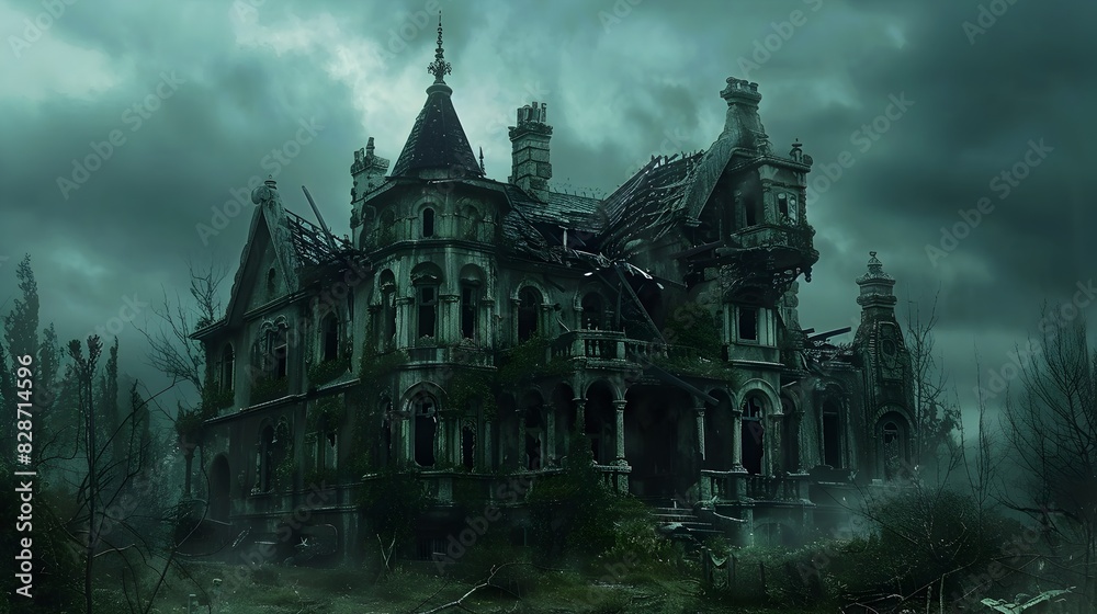 Obraz premium Haunted Mansion Shrouded in Gloomy Atmosphere Stands Abandoned for Centuries