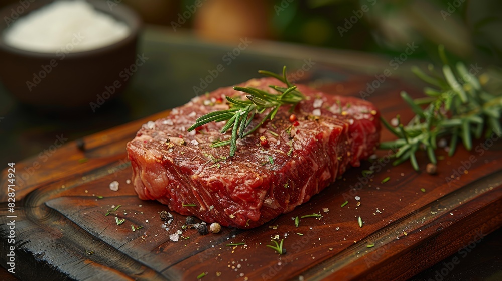 Raw steak garnished with rosemary and spices on a wooden cutting board with blurred background