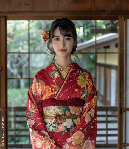 Portrait of a young woman in a red kimono with floral patterns