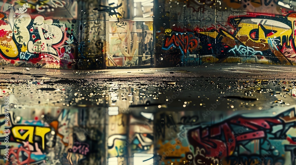 Graffiti art reflected in a puddle on the street.