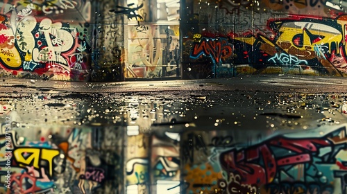 Graffiti art reflected in a puddle on the street. © nuttapong
