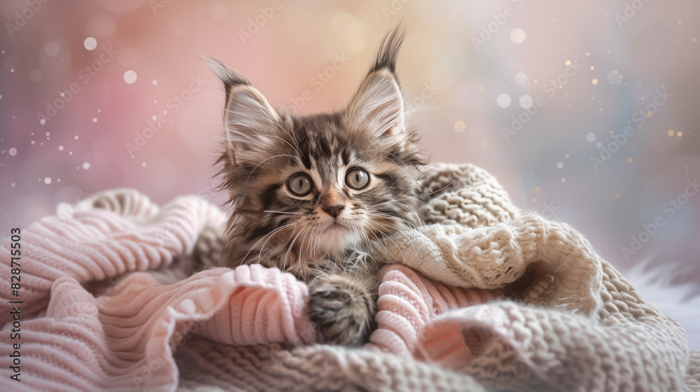 Maine Coon kitten wrapped in a blanket. Maine Coon kitten wrapped in a blanket.