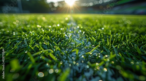 The morning sun illuminates dew drops on the blades of grass of a pristine soccer field