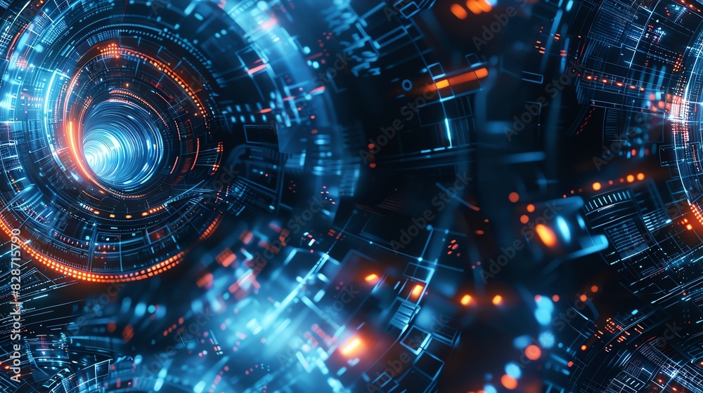 Obraz premium Abstract futuristic digital technology background with glowing blue and orange lights.