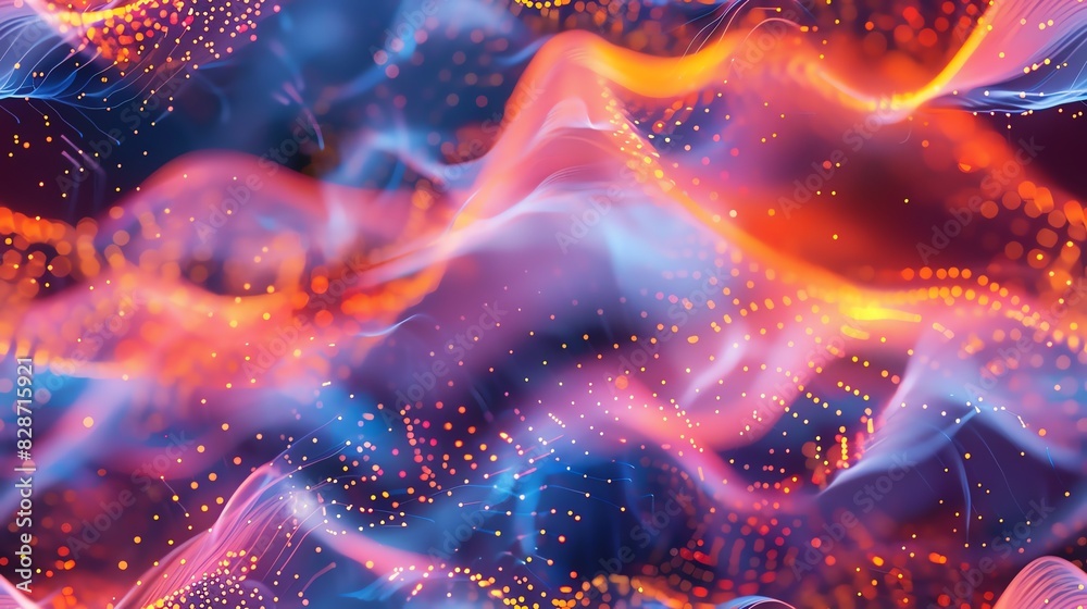 Fototapeta premium Abstract digital art with glowing blue and orange waves.