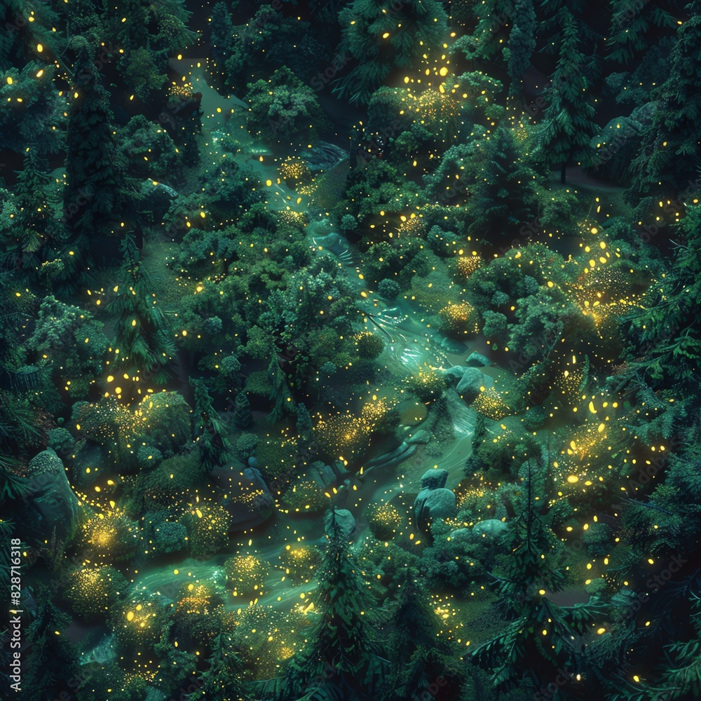 Enchanting forest illuminated by glowing fireflies at night, creating a magical, serene ambiance with sparkling lights and dense greenery.