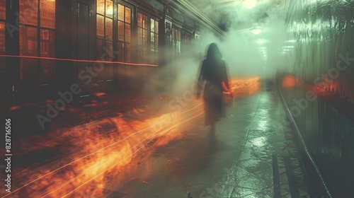 A person walks through a hallway with red-hued smoke, suggesting danger or an otherworldly realm