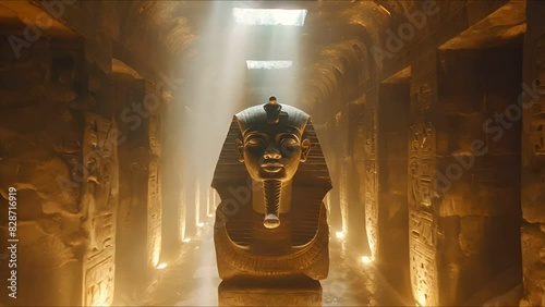 A mysterious scene inside a pyramids hidden chamber where artifacts glow with an unearthly light under the watchful eyes of an Amon Ra statue