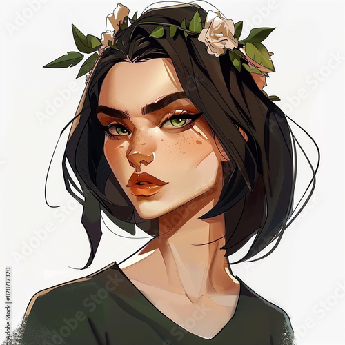 Green-Eyed Woman with Dark Hair and Flower Crown on White Background