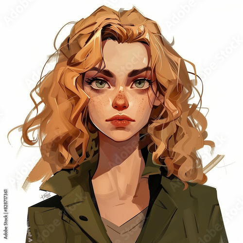 Curly Blonde Woman in Green Jacket on White Background