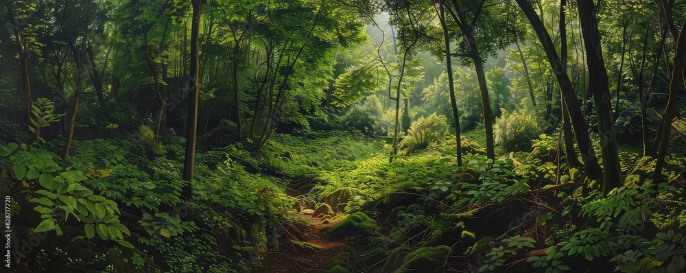 The image depicts a lush green forest with sunlight filtering through the dense foliage, creating a serene and vibrant atmosphere. The image depicts a lush green forest with sunlight filtering through the dense foliage, creating a serene and vibrant atmosphere.