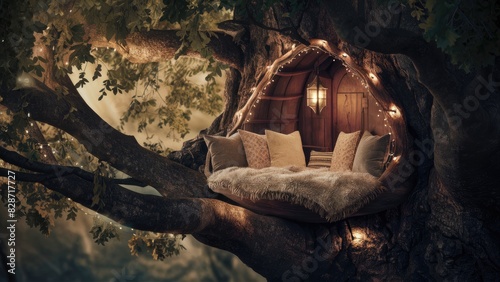 A cozy reading nook nestled in the branches of an ancient oak tree with plush cushions and twinkling fairy lights