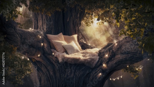 A cozy reading nook nestled in the branches of an ancient oak tree with plush cushions and twinkling fairy lights