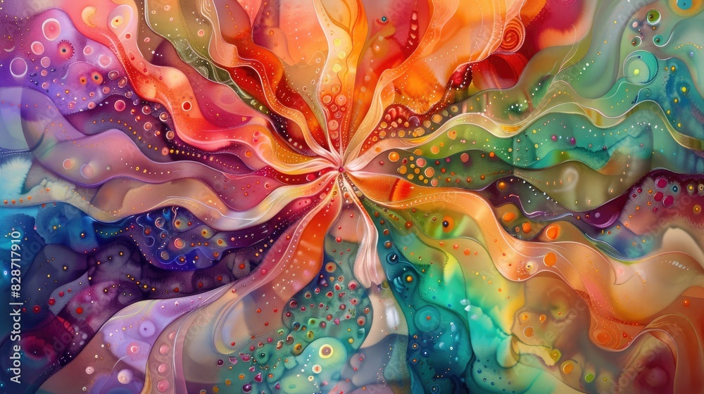Fototapeta premium Radiant colors bursting through a tapestry of swirling, enchanting patterns, evoking a sense of wonder and joy, like a burst of happiness frozen in time.