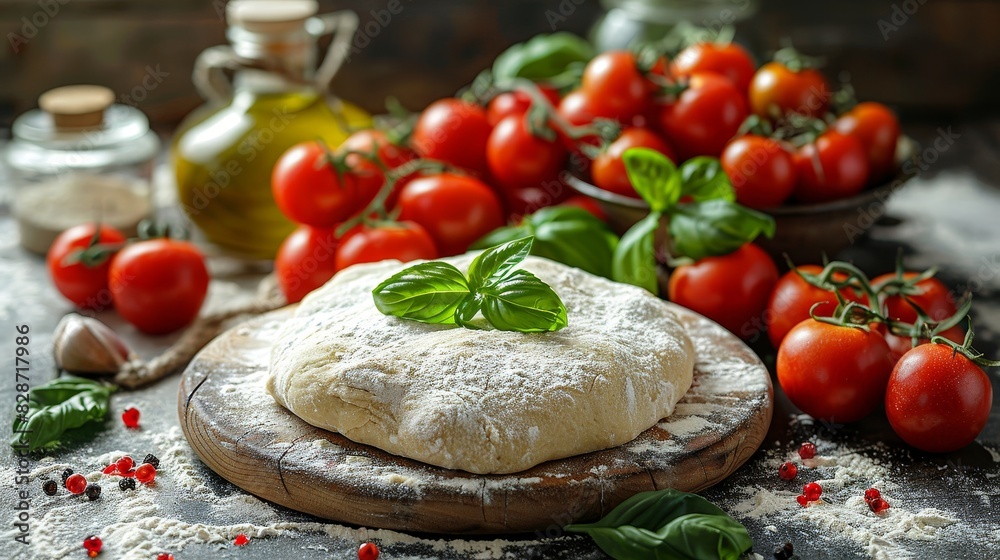 Rustic wooden table set with raw pizza dough, fresh tomatoes, basil, and olive oil, ready for preparation, vibrant and appetizing Rustic wooden table set with raw pizza dough, fresh tomatoes, basil, and olive oil, ready for preparation, vibrant and appetizing