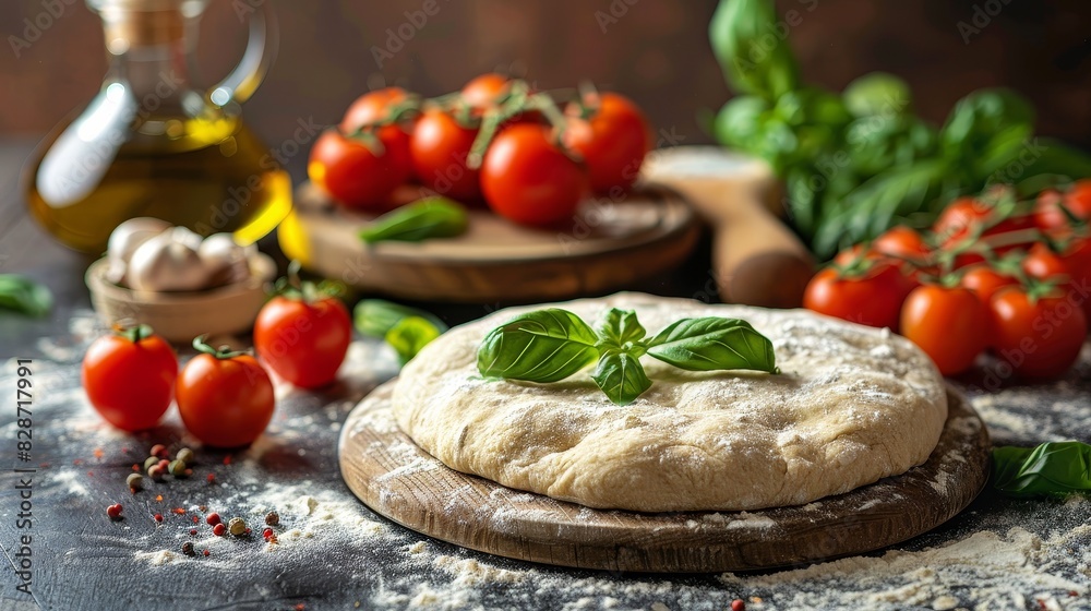 Rustic wooden table set with raw pizza dough, fresh tomatoes, basil, and olive oil, ready for preparation, vibrant and appetizing Rustic wooden table set with raw pizza dough, fresh tomatoes, basil, and olive oil, ready for preparation, vibrant and appetizing