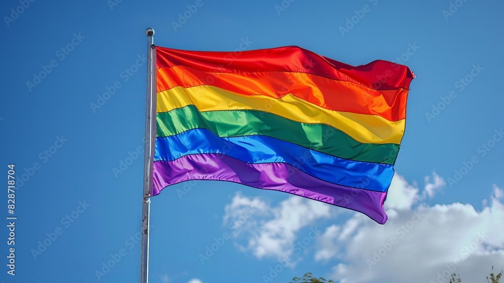 Bright and vibrant rainbow pride flag waving against a clear blue sky, symbolizing LGBTQ+ pride and diversity. Bright and vibrant rainbow pride flag waving against a clear blue sky, symbolizing LGBTQ+ pride and diversity.