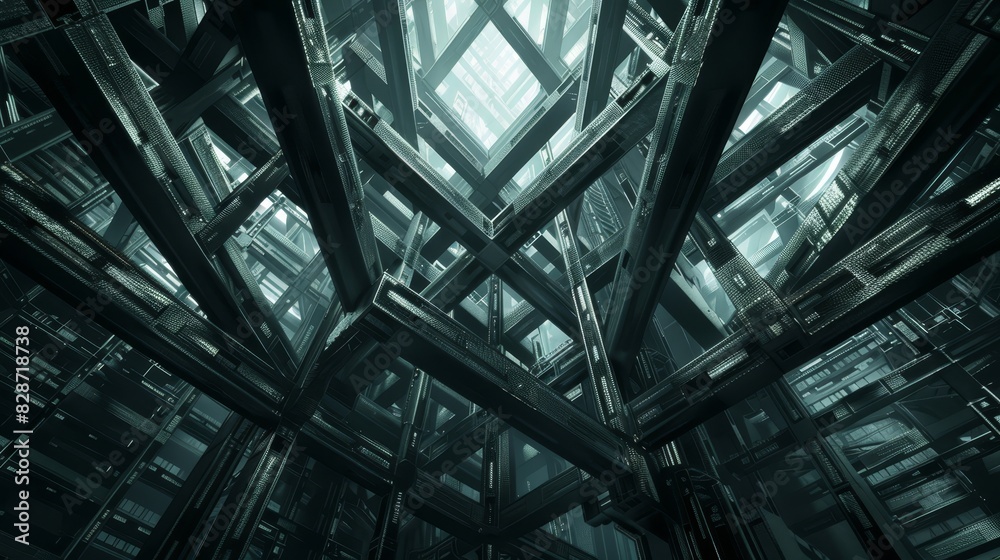 Naklejka premium Mesmerizing view of building interior filled with a multitude of steel beams, isolated background, studio lighting
