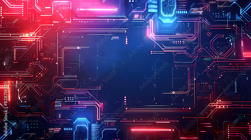 Futuristic digital circuit board with glowing red and blue lines forming a high-tech technological background.