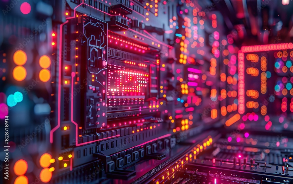 Close-up of colorful illuminated circuit board with vibrant lights, representing advanced technology and futuristic electronics. Close-up of colorful illuminated circuit board with vibrant lights, representing advanced technology and futuristic electronics.