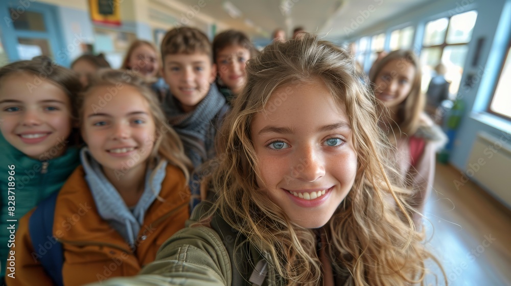 A group of young school students are captured in a happy group selfie shot taken indoors