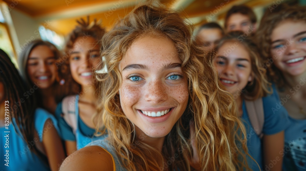 A smiling girl takes a wide-angle selfie with a diverse group of friends, capturing joy and friendship