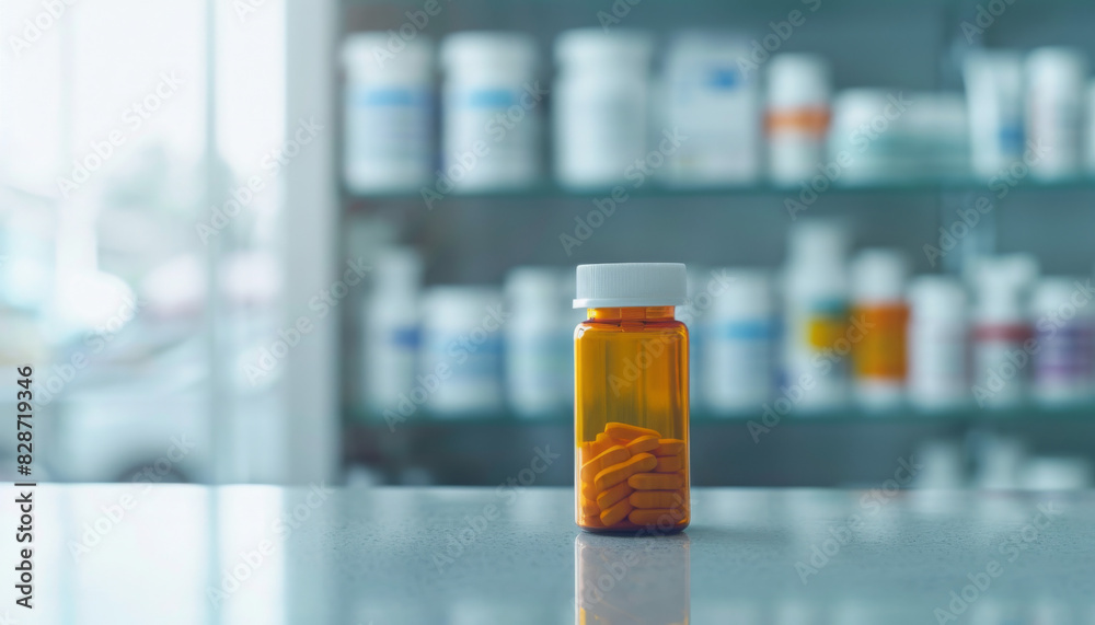 A pill bottle rests on a pharmacy counter against a clean white backdrop A pill bottle rests on a pharmacy counter against a clean white backdrop