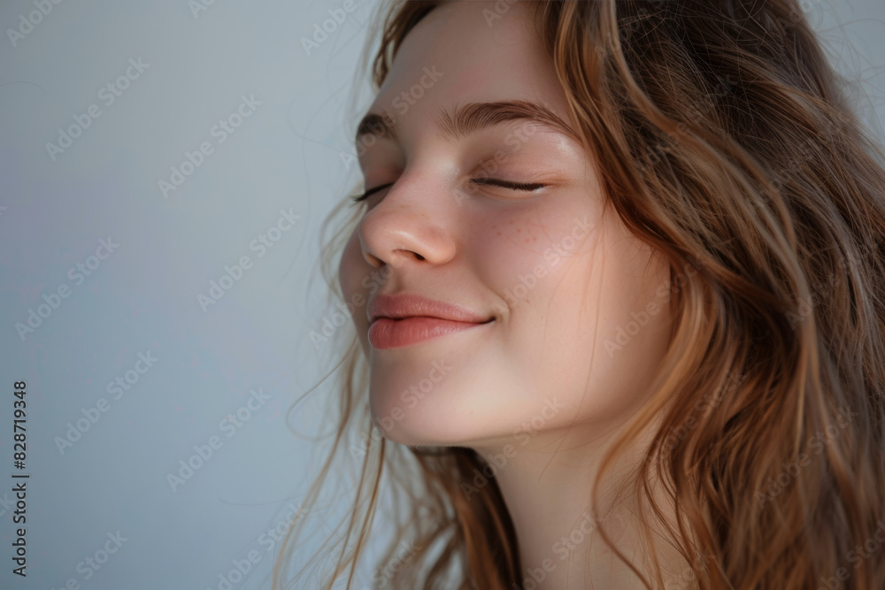 A close up of a woman's face with her eyes closed looking to a side A close up of a woman's face with her eyes closed looking to a side