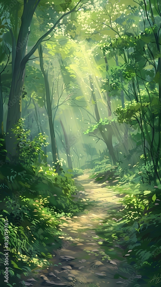Enchanting Forest Trail Bathed in Warm Sunlight and Atmospheric Haze Enchanting Forest Trail Bathed in Warm Sunlight and Atmospheric Haze