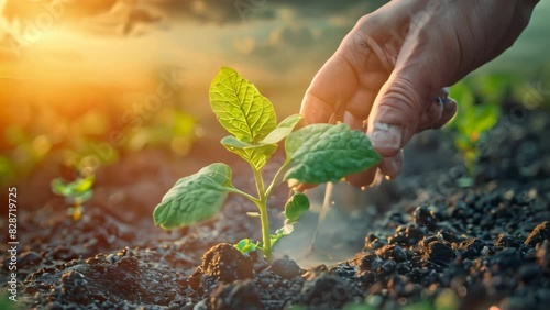 a farmer's hand carefully watering a young plant, symbolizing the beginning of the journey to growth and harvest. This touching image reflects dedication and hard work in agriculture, fostering a conn photo