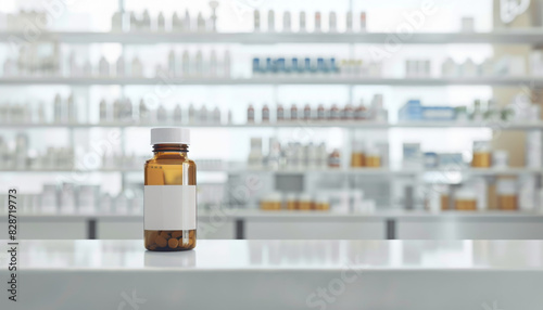 A pill bottle rests on a pharmacy counter against a clean white backdrop  photo