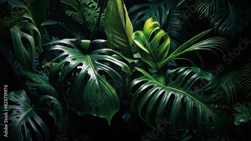 Tropical leaves on black background 