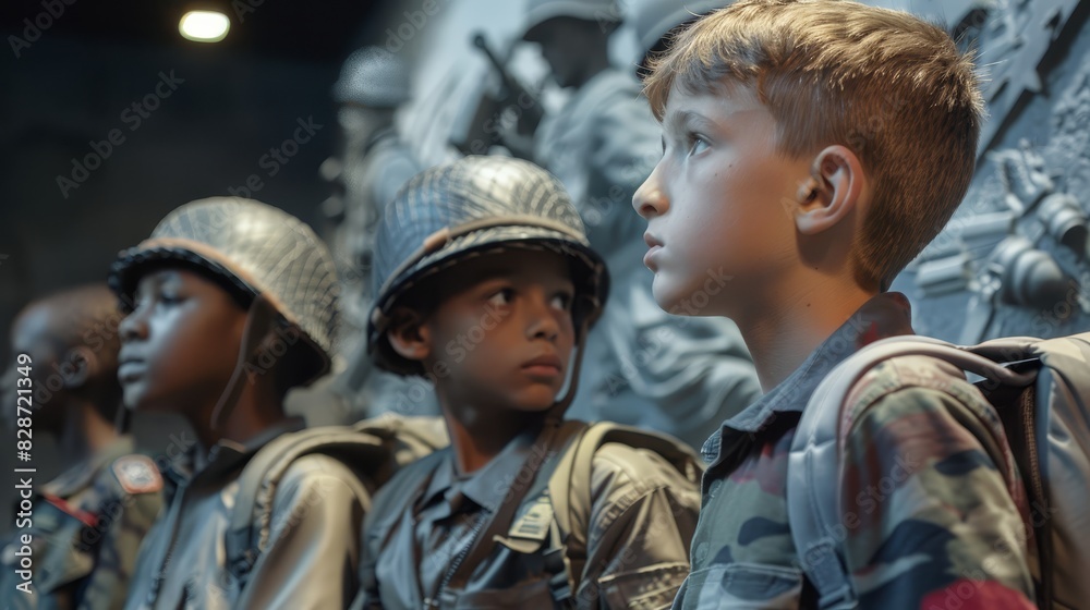 Fototapeta premium Children learning about a soldier statue on Memorial Day, illustrating the importance of remembrance, solemn tribute, close up, Education theme, futuristic, Fusion, museum backdrop