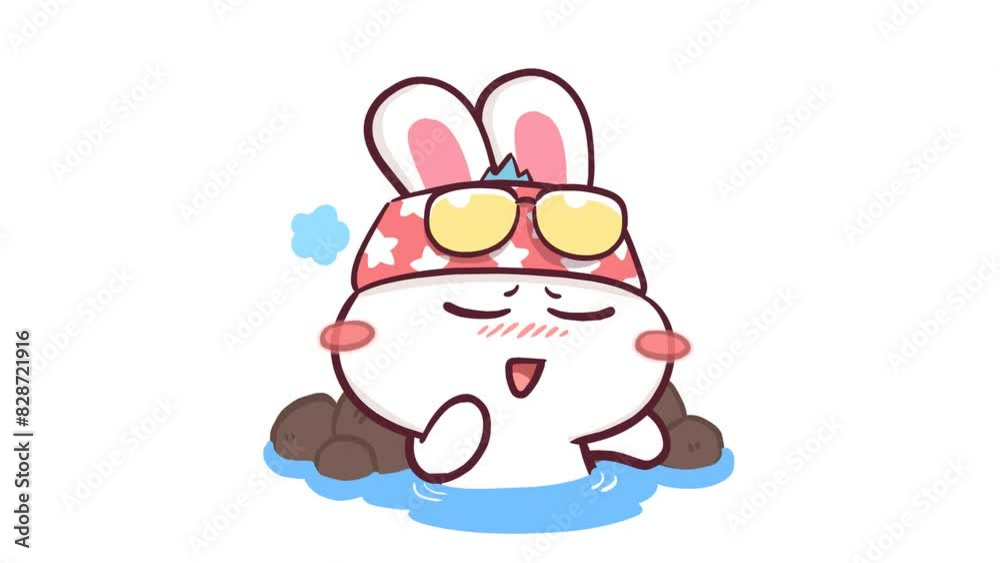 Animated Rabbit Soaking in Natural Hot Springs - White Background Animated Rabbit Soaking in Natural Hot Springs - White Background