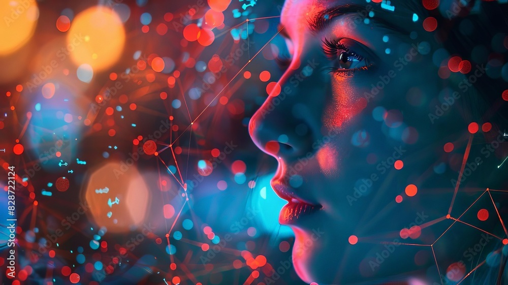 Profile of a person surrounded by digital networks and glowing nodes, representing technology and connectivity in a futuristic setting.