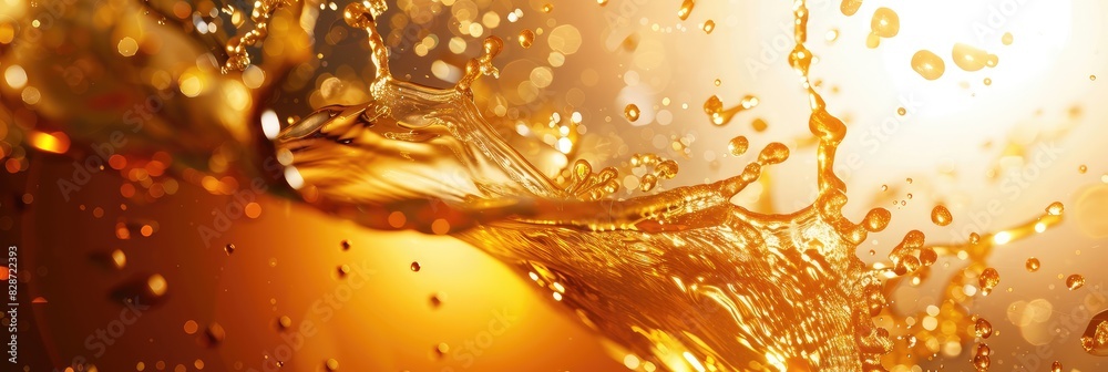 A glass of golden beer is splashing with foam and droplets flying around. The background is filled with warm, glowing bokeh lights. A glass of golden beer is splashing with foam and droplets flying around. The background is filled with warm, glowing bokeh lights.