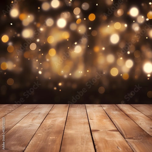 Empty wooden table top with blurred bokeh lights background for mockup template. Generative AI.
