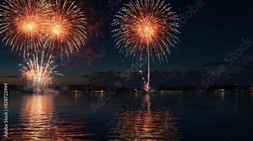 Fireworks in night sky above water, celebration of usa independence day, 4th of July.American national flag, festive holiday of freedom, patriotic event, party