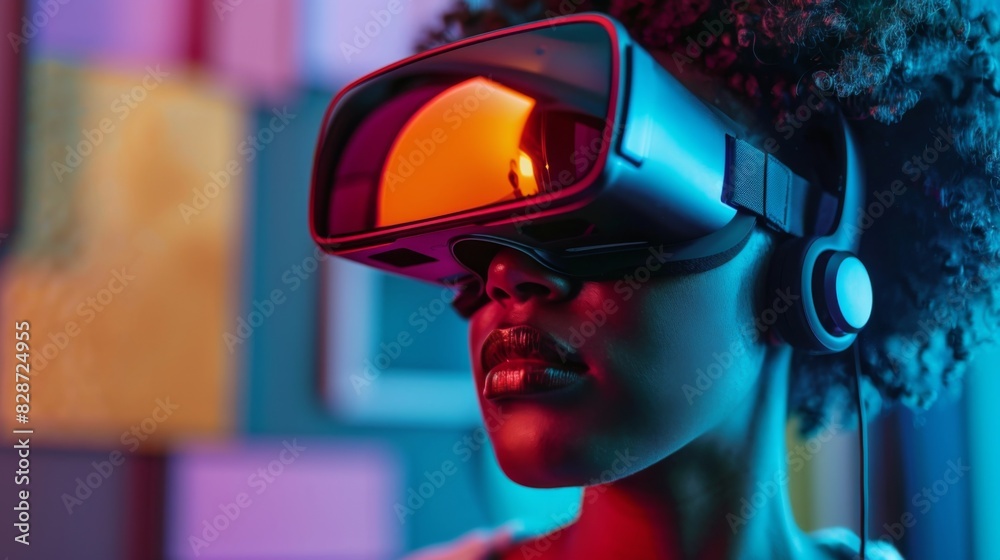 A close-up of a person wearing VR glasses immersed in virtual reality