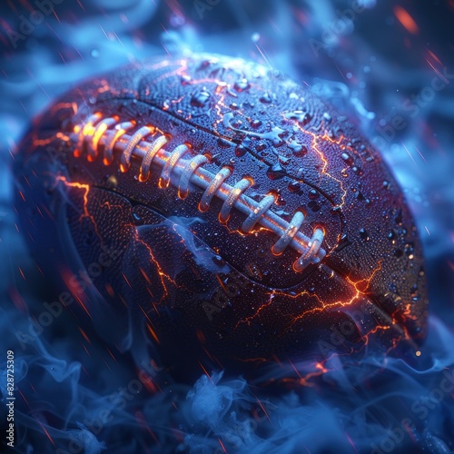 Close-up of American football with bright red lightning, surrounded by smoke and fog, ball covered in lava and ice, photo realistic, cinematic lighting, dark blue background, very detailed photo