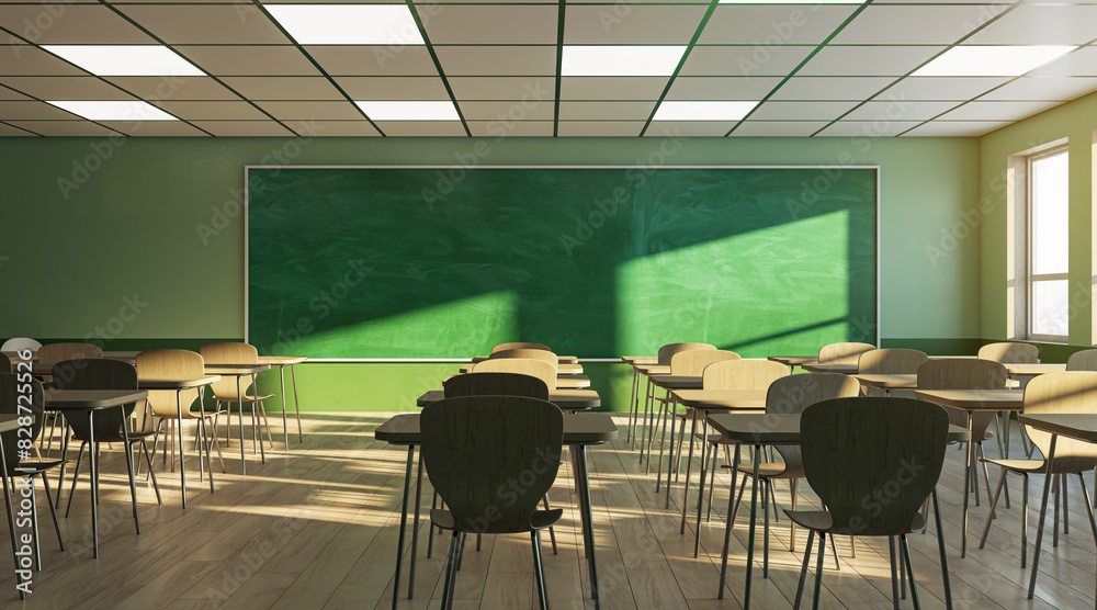 An empty classroom with chairs, desks, and a green chalkboard, illuminated by sunlight, evoking education concept. 3D Rendering