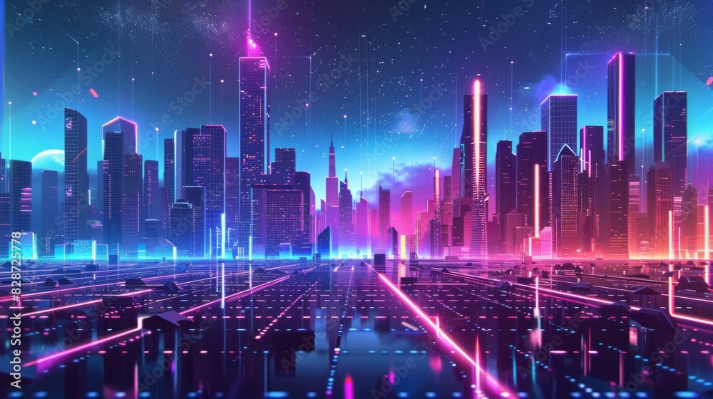 A futuristic city skyline with glowing neon lights