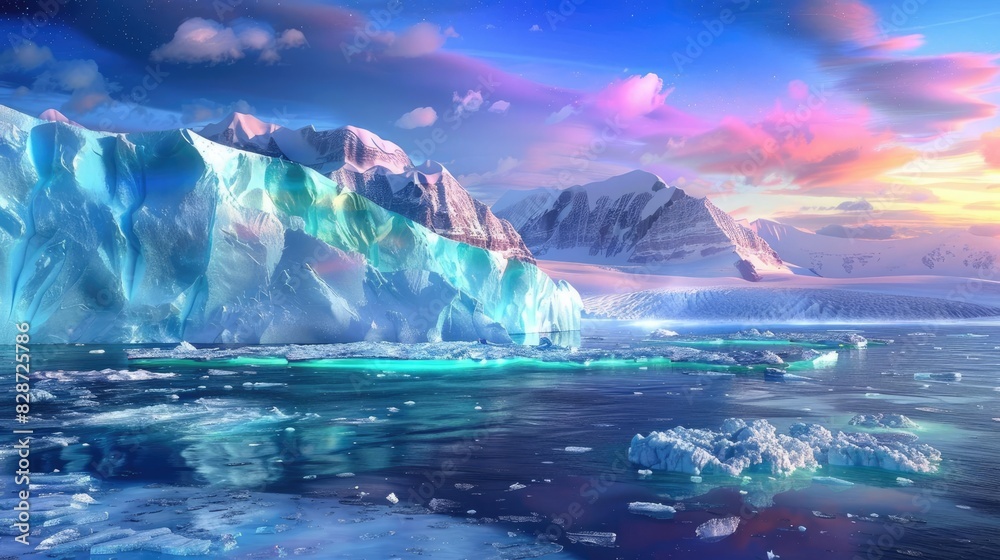 Stunning arctic landscape with glowing icebergs and snowy mountains beneath a vibrant, colorful sky at sunset, reflecting on tranquil waters.